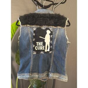 Custom Studded Denim Vest The Cure Patch Leopard Faux Fur Punk Goth Size M